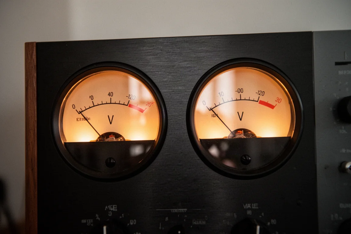 Close-up de dois medidores analógicos VU brilhando em âmbar em uma sala de audição com pouca luz