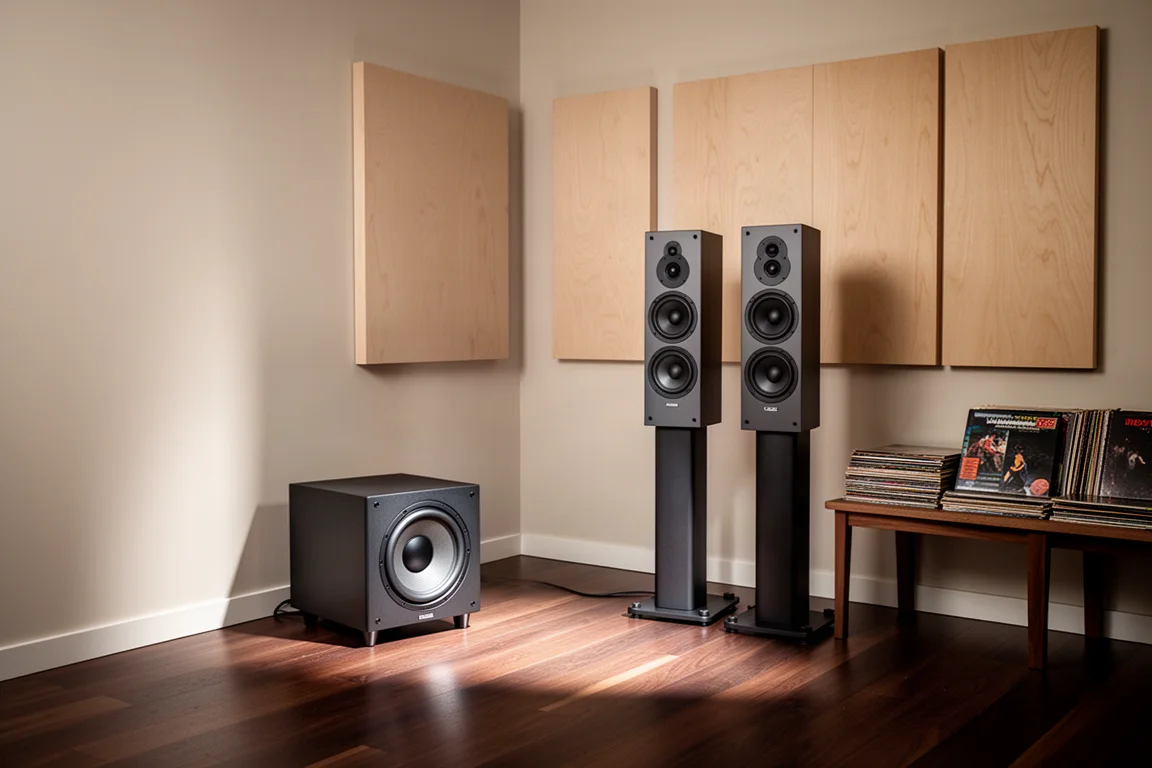 Subwoofer e caixas acústicas de piso posicionados em um canto de uma sala de audição
