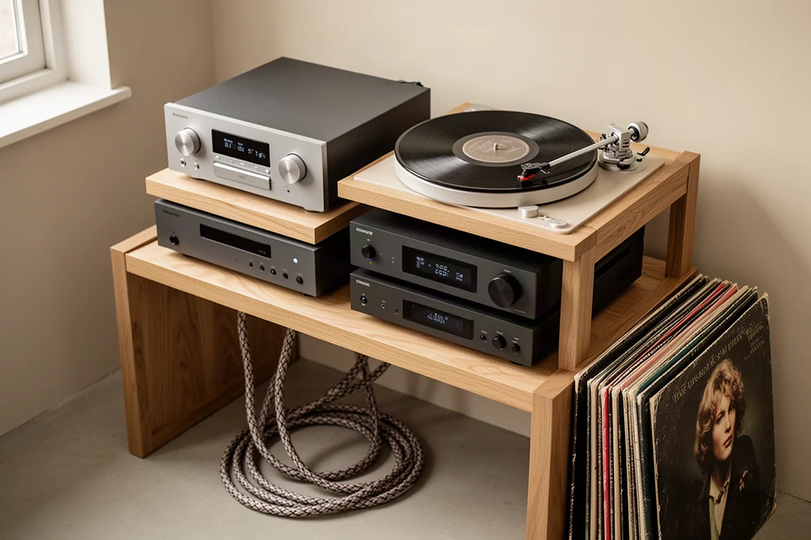 Componentes de hi-fi empilhados em uma prateleira com cabos e discos por perto