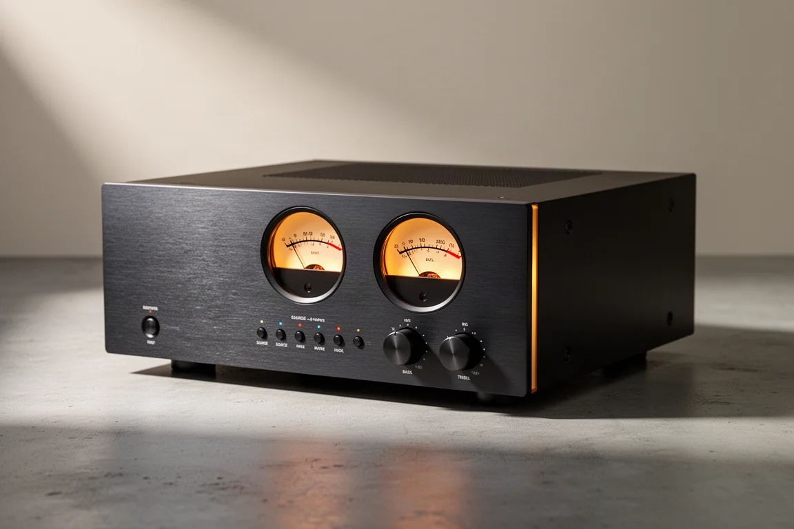 Compact hybrid integrated amplifier with VU meters and control knobs on a concrete surface