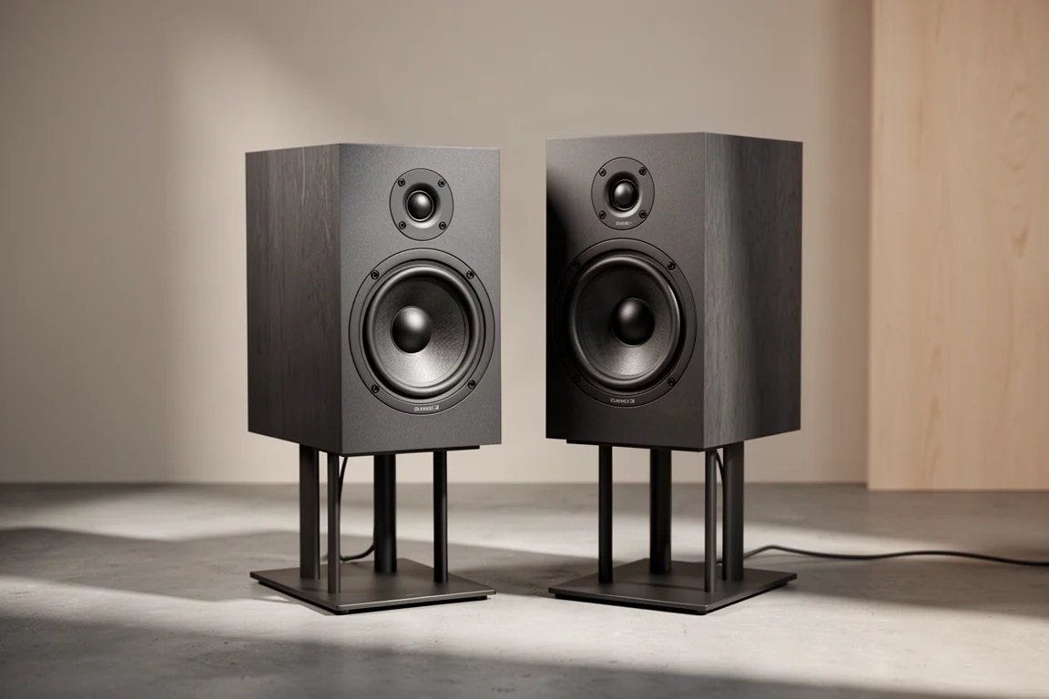 Pair of compact dark-cabinet bookshelf speakers on stands in a minimal listening room