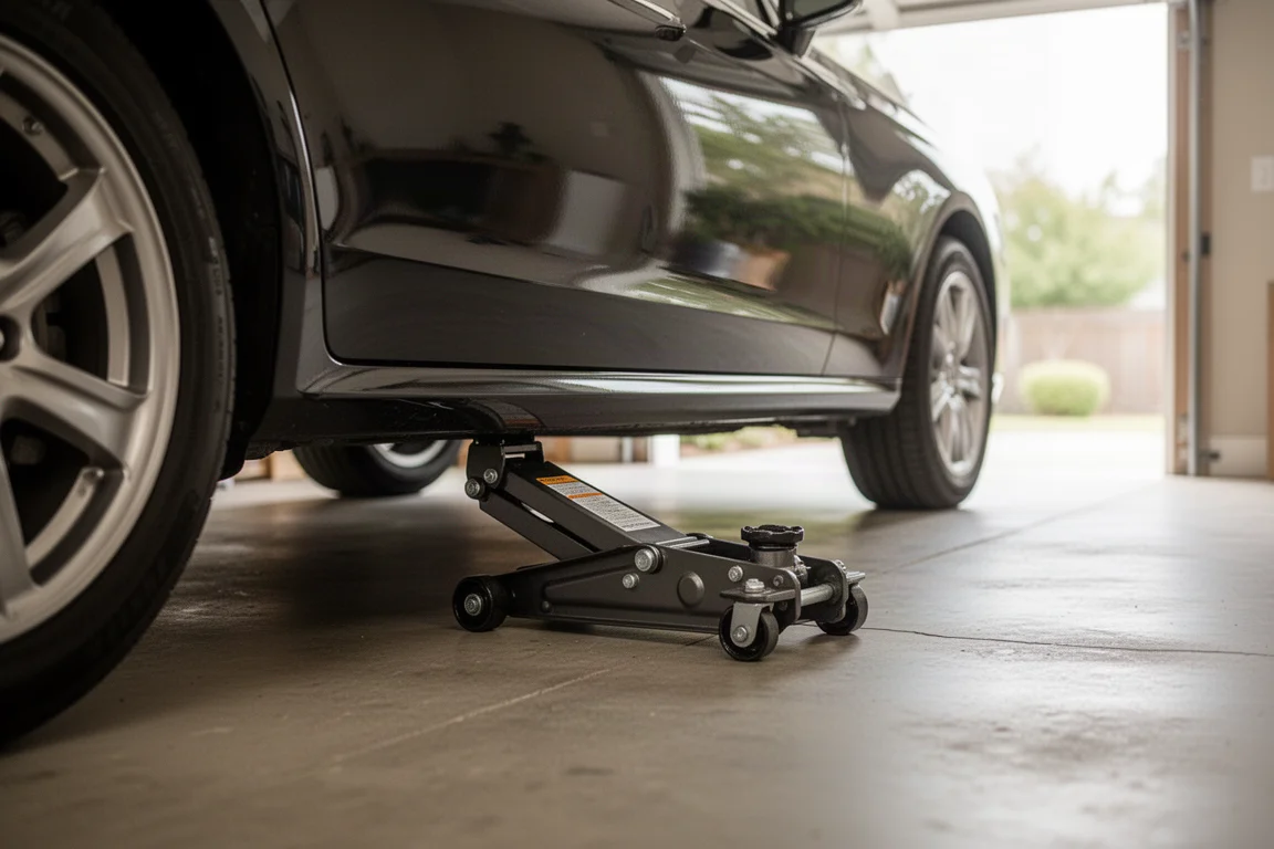 Hydraulic floor jack sliding under the side skirt of a sedan in a home garage