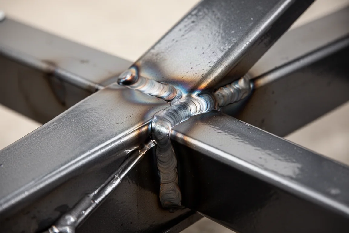 Close-up of clean welds and painted steel on a floor jack chassis