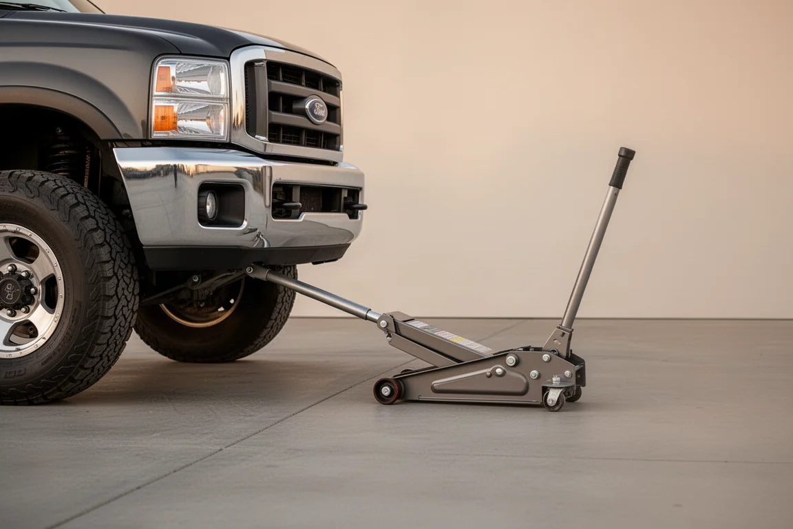 Floor jack with extended reach arm positioned far under a vehicle front end