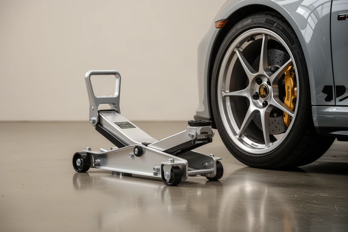 Aluminum racing jack with carry handle resting beside a car wheel