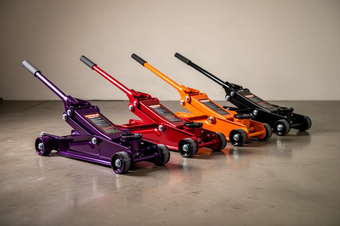 Row of Daytona floor jacks in assorted colors on a polished concrete floor