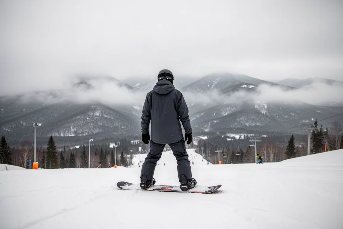 Snowboardeur en pantalon coque sombre debout en haut d'une piste damée sous un ciel bas