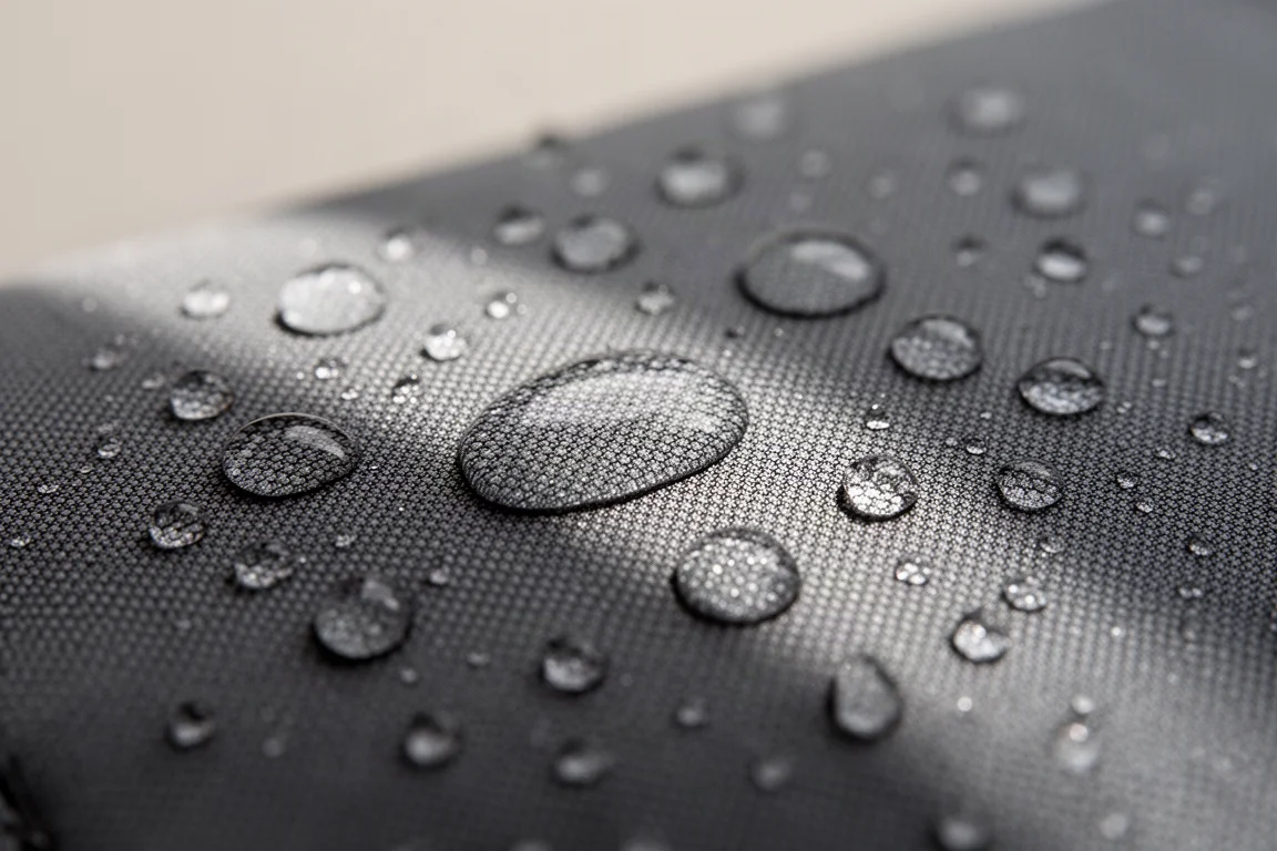 Perles d'eau sur la surface d'un tissu imperméable sombre