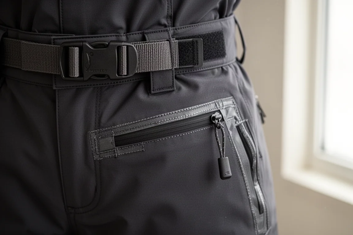 Gros plan sur la sangle de serrage du pantalon de snow et la quincaillerie d'une poche zippée
