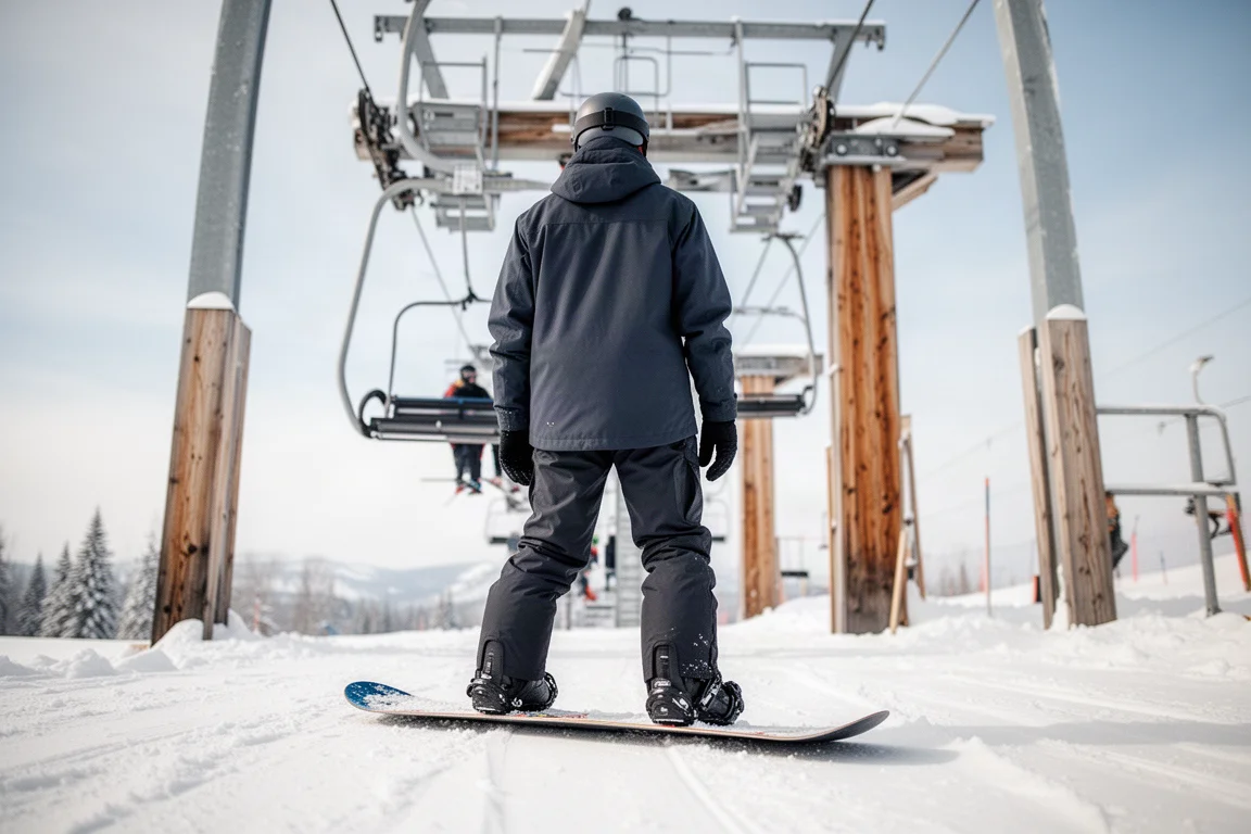 Snowboardeur attendant à la file d'attente du télésiège par une belle journée d'hiver en pantalon coque