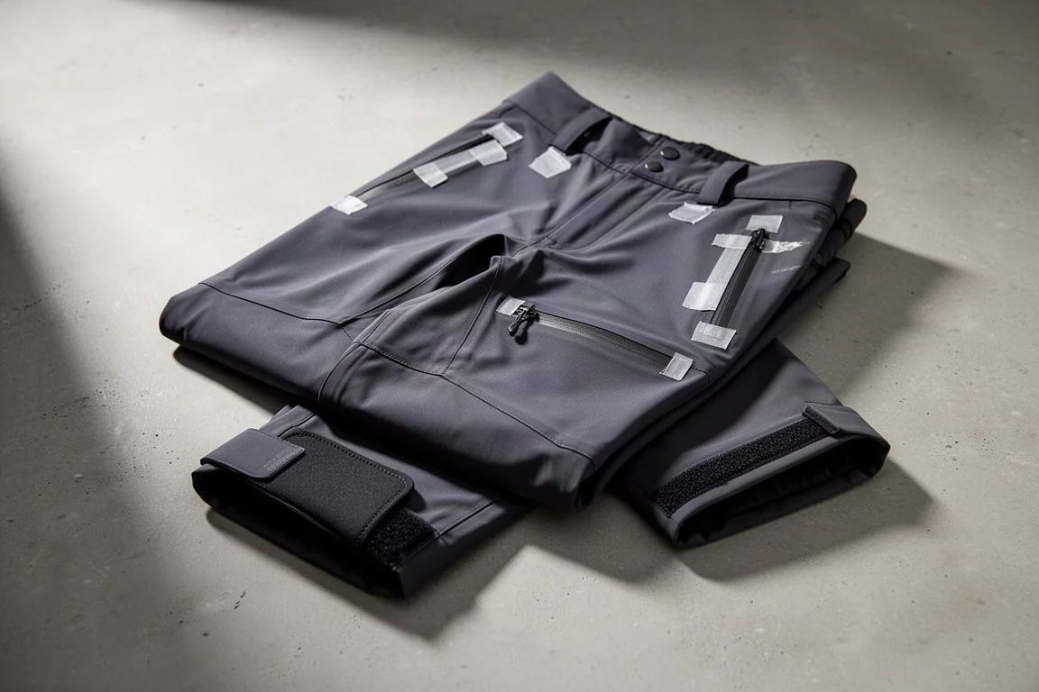 Dark charcoal uninsulated snow shell pants folded on a concrete surface with taped seams visible