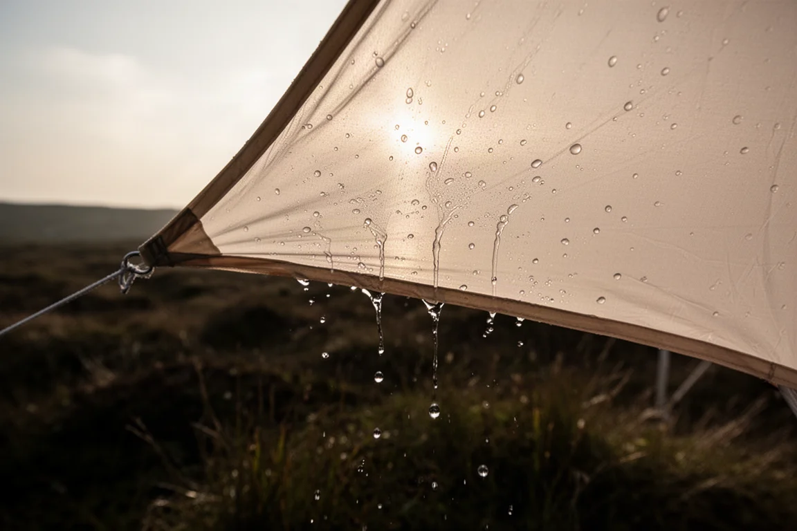 Primer plano de gotas de lluvia sobre un panel tenso de tejido de tienda translúcido a contraluz