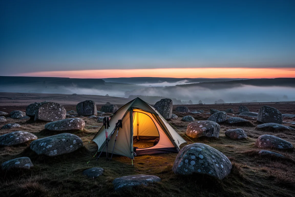 Refugio para bastones de trekking montado en un páramo elevado al atardecer entre rocas de arenisca