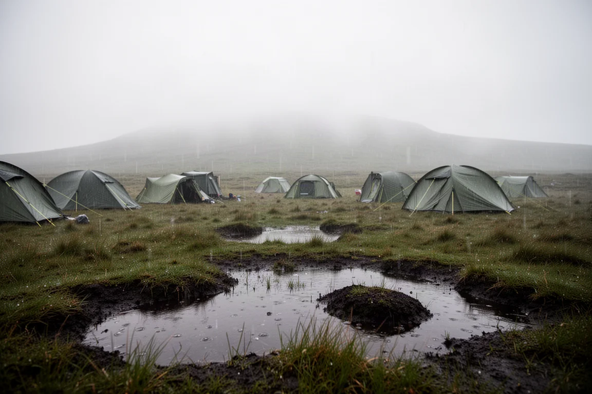 Lluvia intensa y niebla sobre un camping de páramo mojado al amanecer