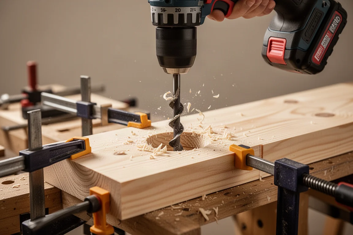 Taladro perforando un agujero grande en una tabla de pino con virutas de madera visibles
