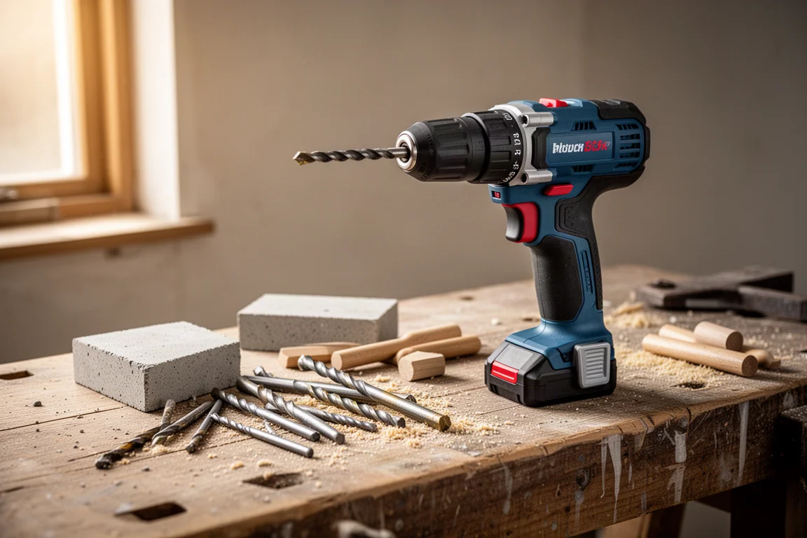 Cordless hammer drill and driver bits laid out on a workbench