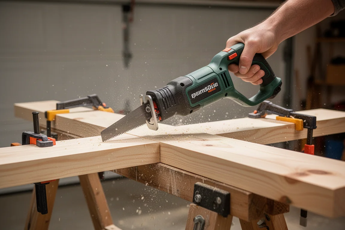 Compact reciprocating saw cutting through a wooden plank