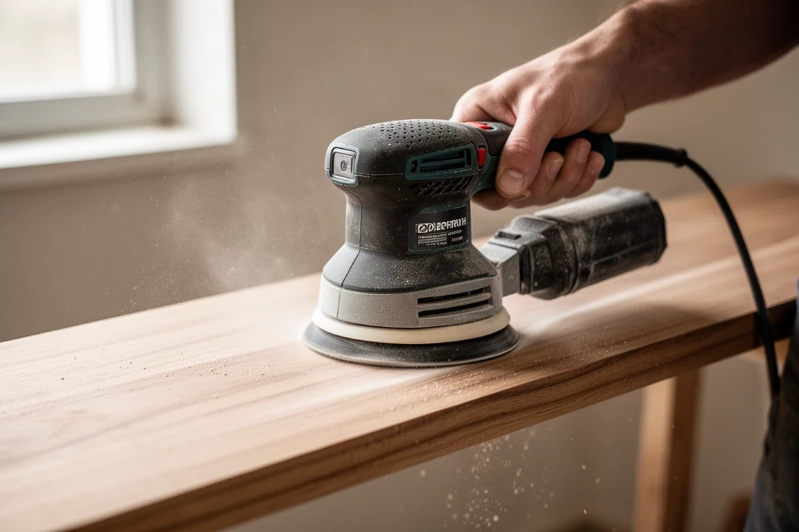 Orbital sander smoothing a wooden board surface