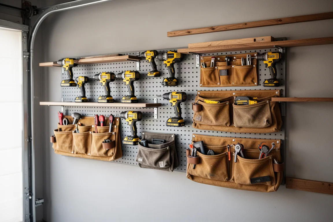 Wide view of a well-organized power tool collection in a workshop