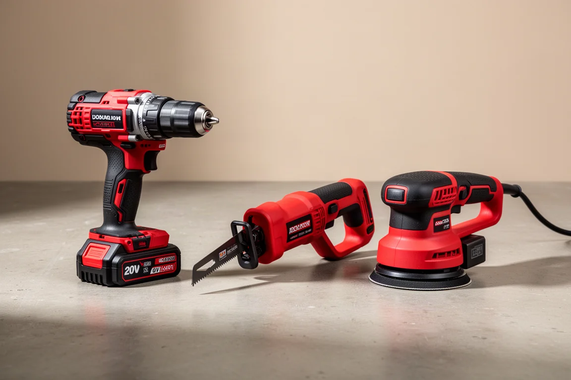 DCK hammer drill, reciprocating saw, and corded sander arranged on concrete