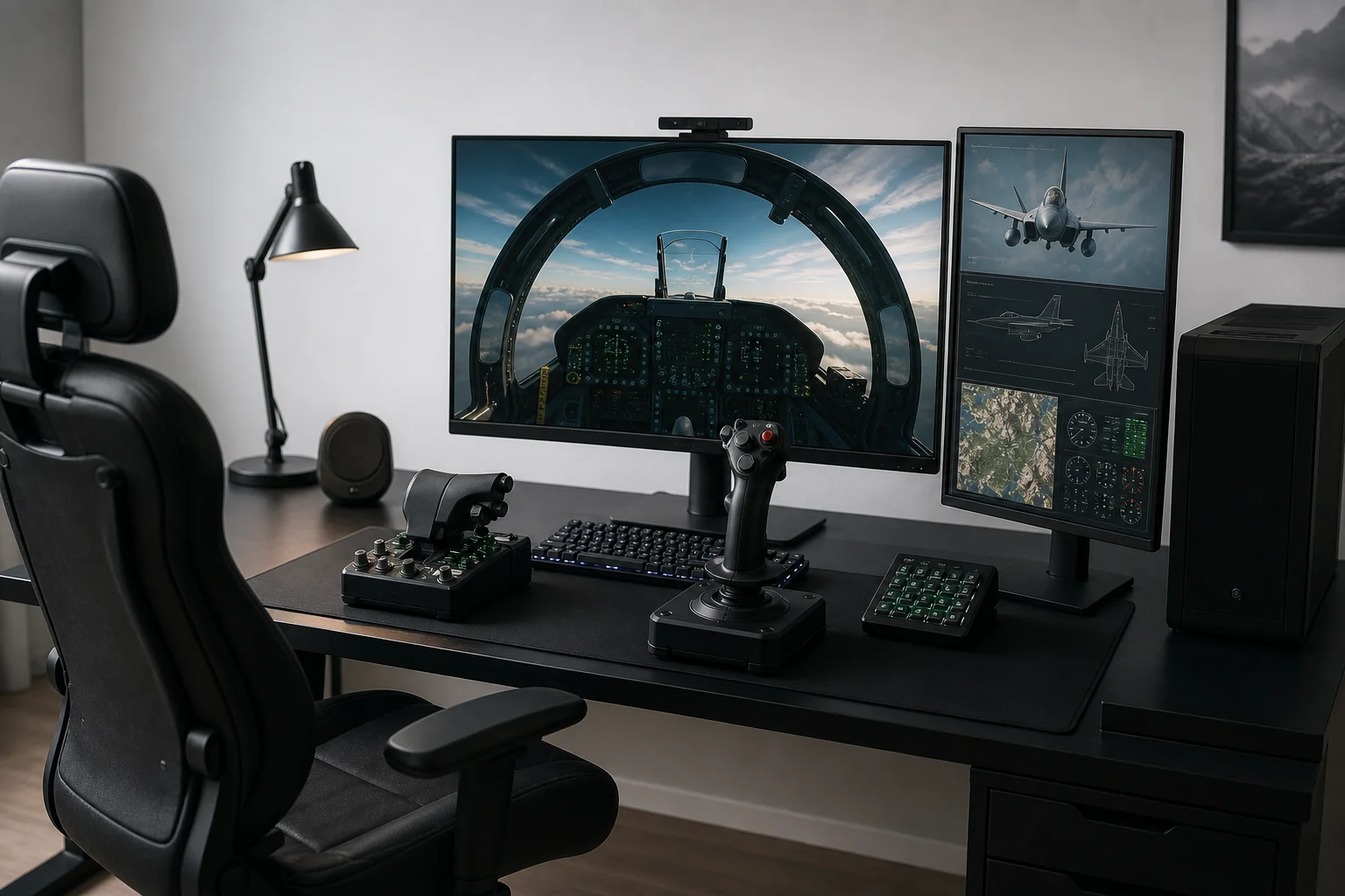 Station de simulation de vol complète avec plusieurs écrans et une manette HOTAS