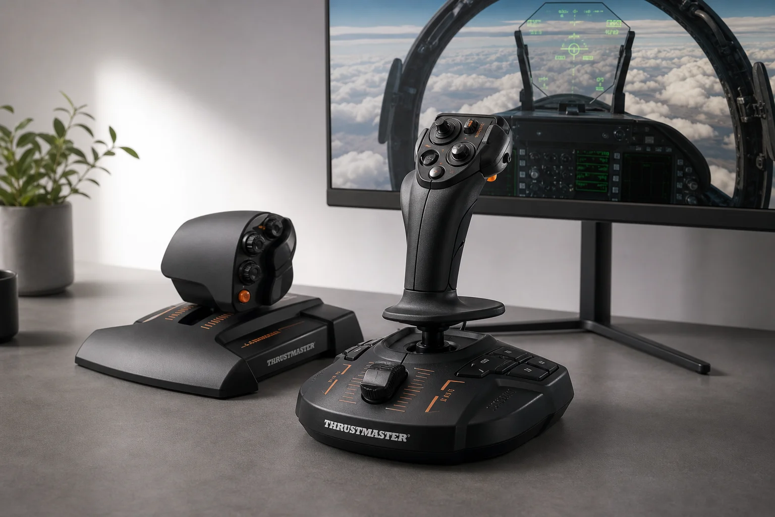Manette HOTAS pour simulation de vol sur un bureau avec un écran de cockpit en arrière-plan