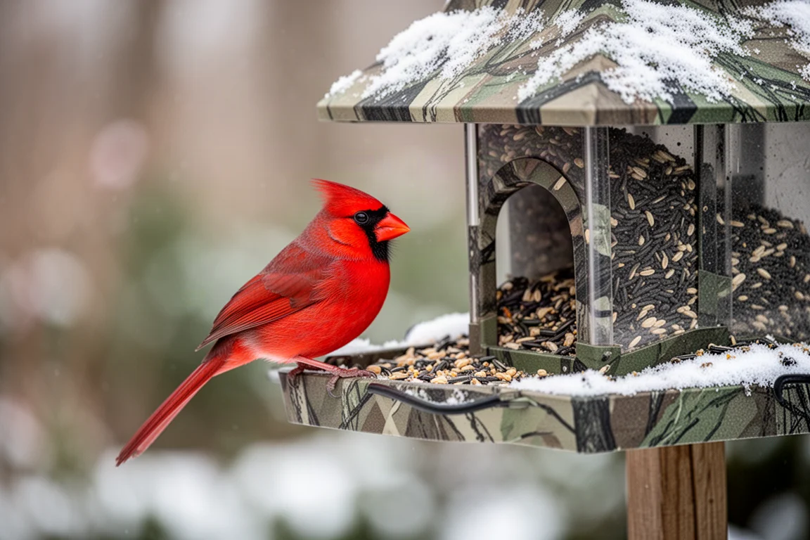 Cardinal perché sur une mangeoire à oiseaux sous une légère neige