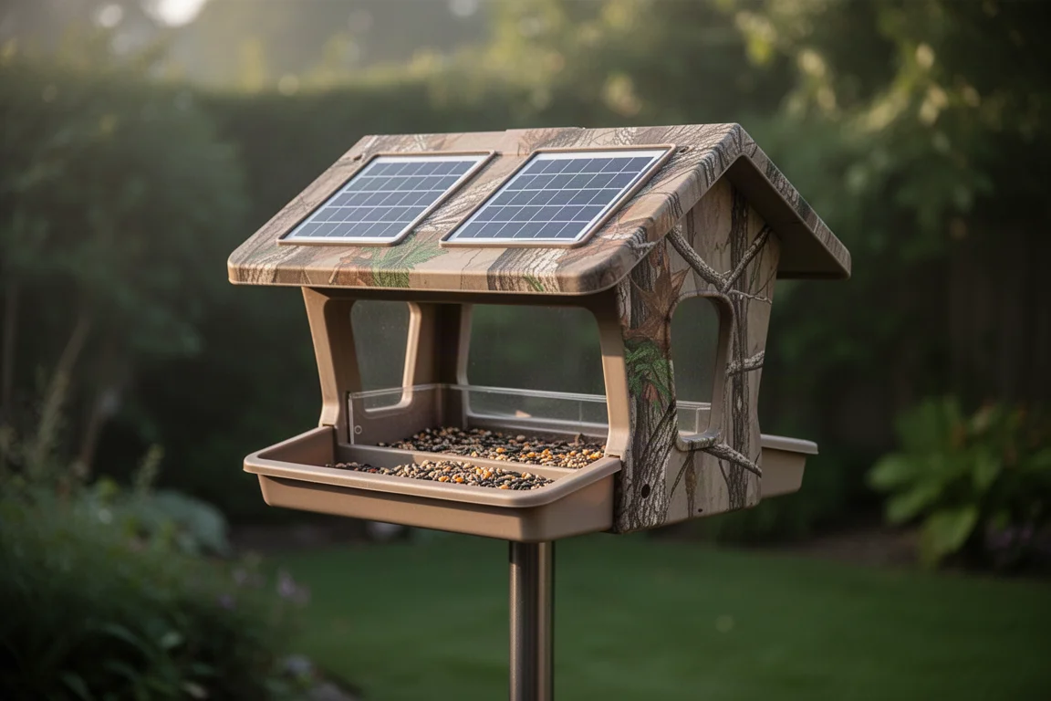 Camo smart bird feeder with solar panels mounted on a garden pole