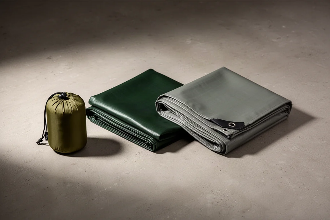 Three folded flat tarps in olive, dark green and grey-green arranged on concrete
