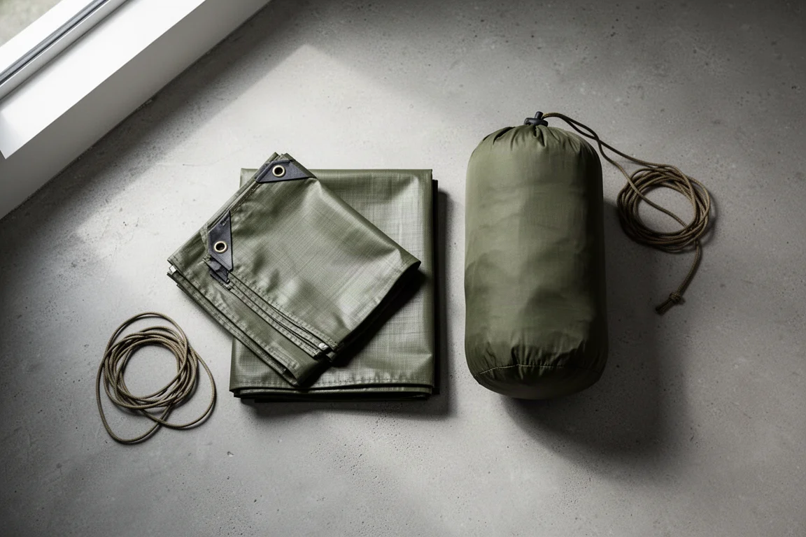 Ovanifrån liggande platt grönt kvadratiskt tarp bredvid en överdimensionerad packpåse på betong