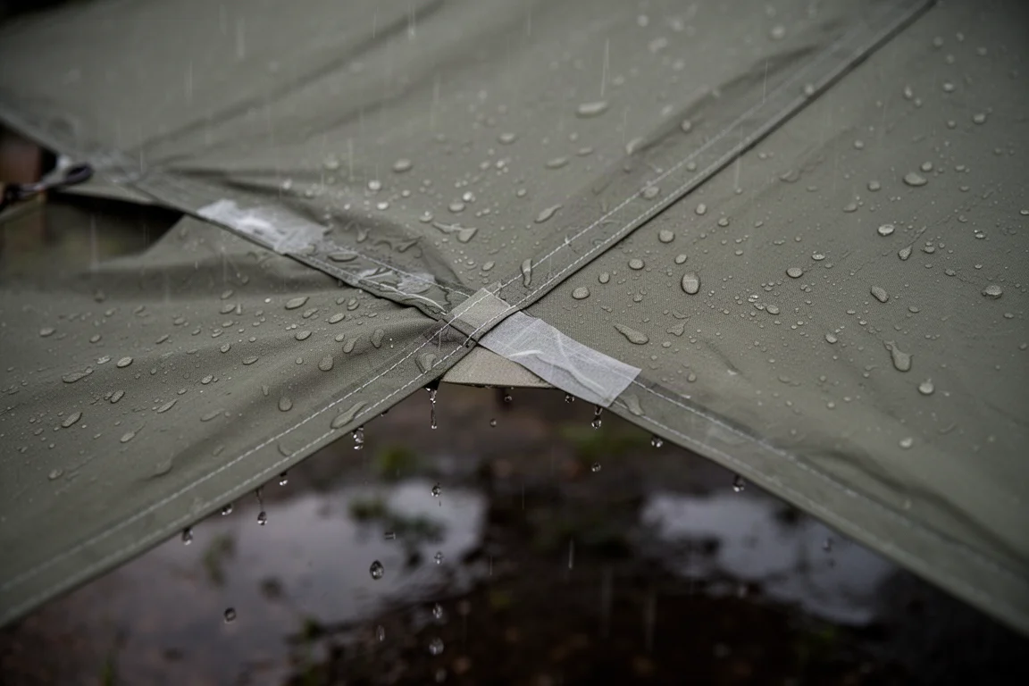 Regn som pärlar sig på det spända belagda tyget i ett lågt tarp i svagt ljus