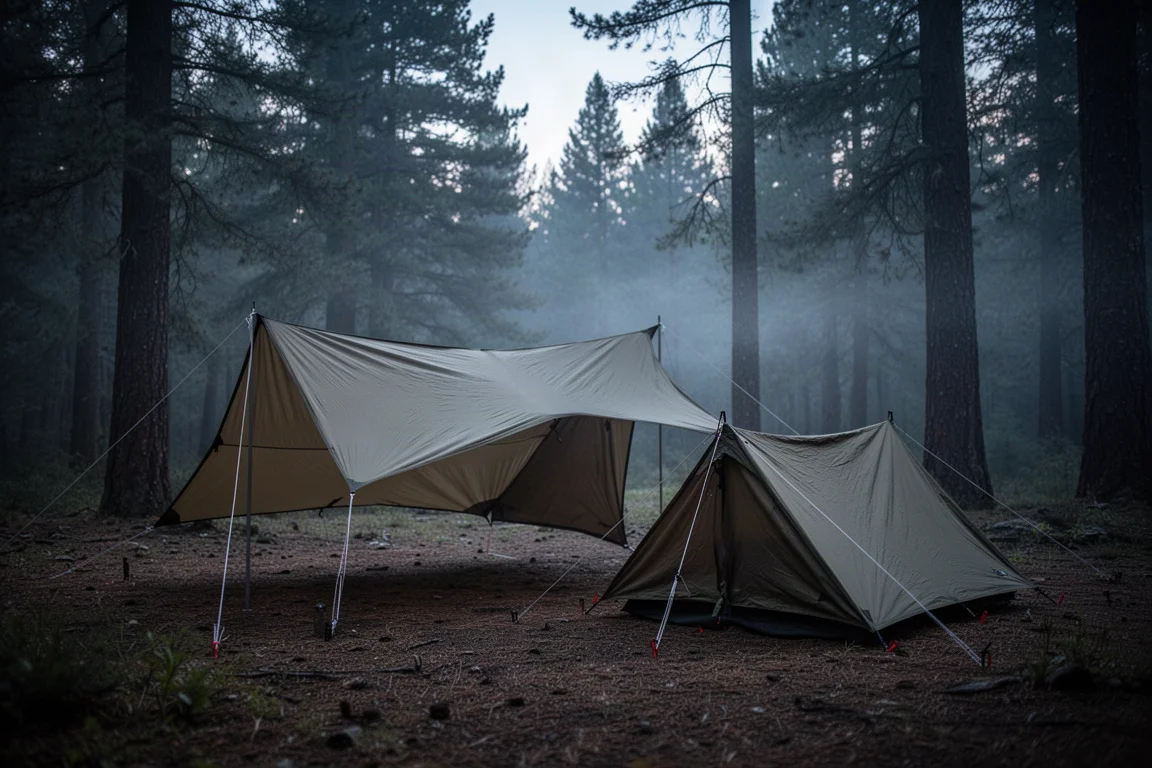 Två campingtarp uppsatta i en skogsglänta i skymningen med linor och pinnar