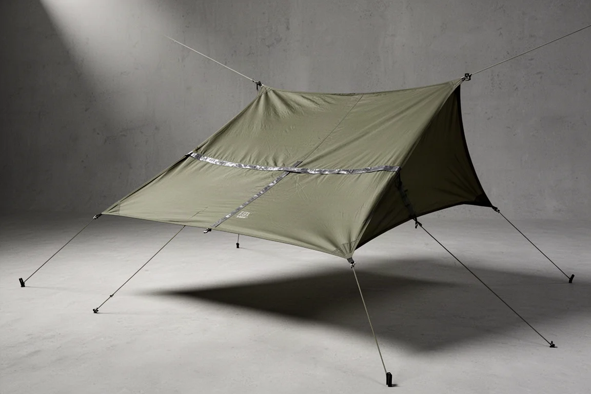 Compact olive green square camping tarp pitched low on a ridgeline with guy lines