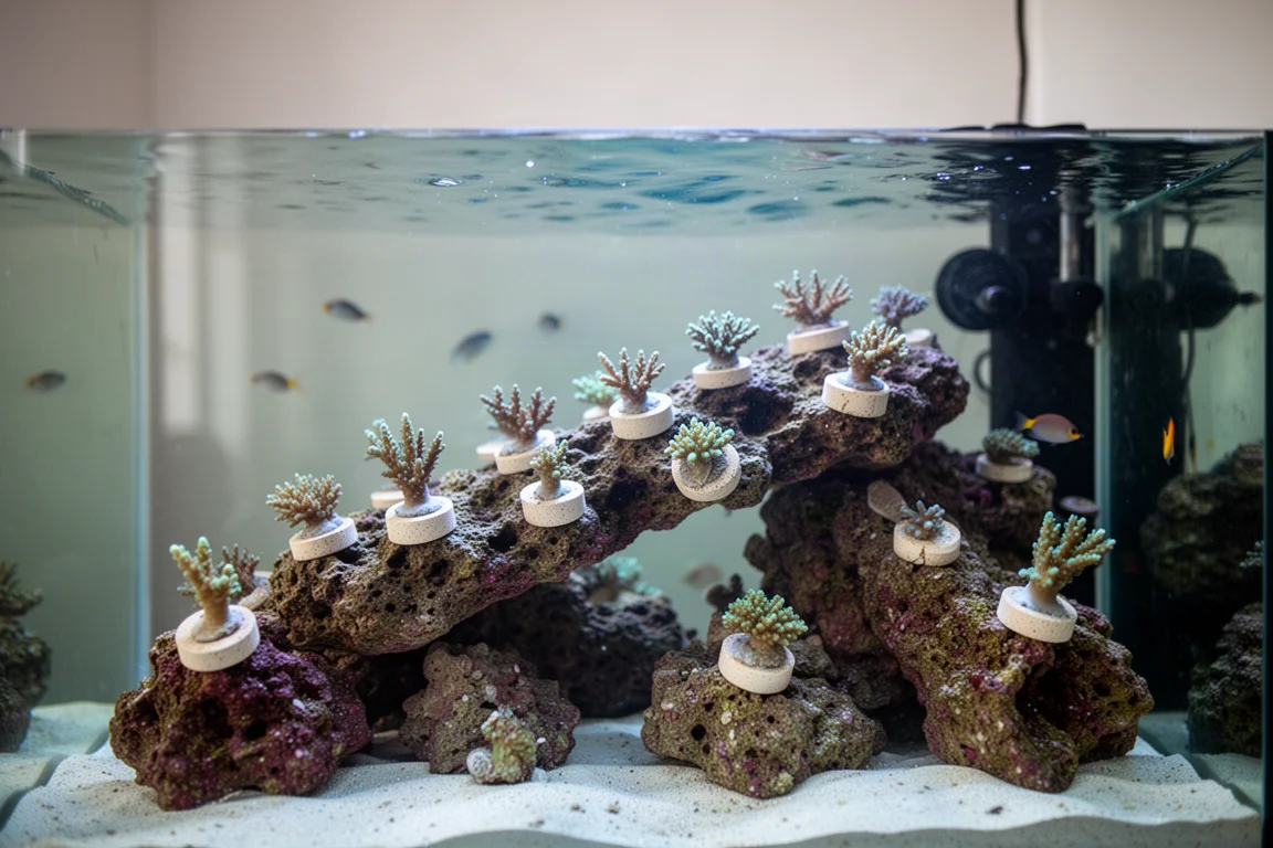 Riffaquarium mit Korallenfrags, die auf Plugs über Lebendgestein befestigt sind