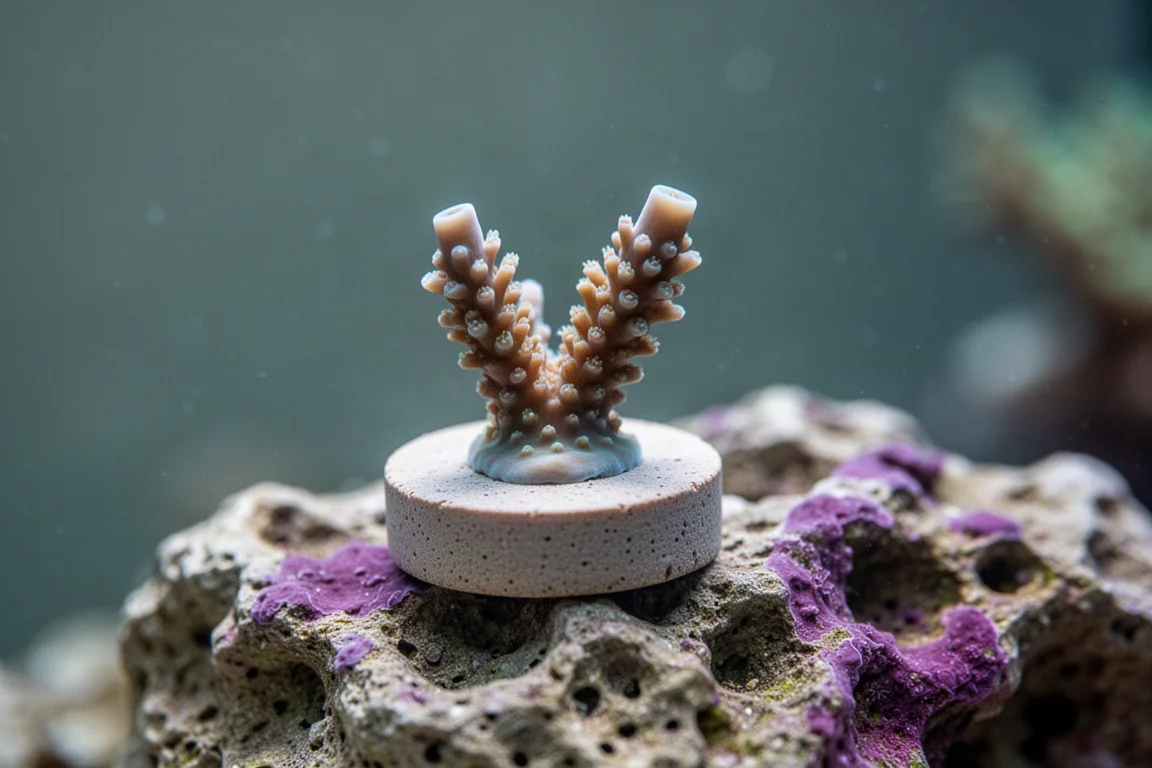 Makroaufnahme eines Korallenfrags, der unter Wasser auf einem Plug am Riffaufbau haftet