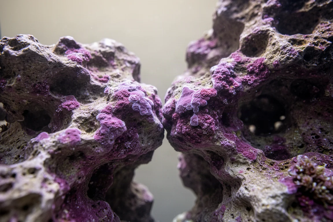 Mit purpurrotem Korallinenbewuchs überzogene Fugen im Aquascape-Riffaufbau