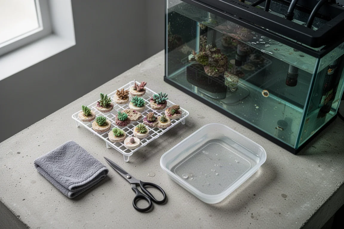 Frag-Rack und Riffwerkzeuge neben einem Filterbecken eines Aquariums