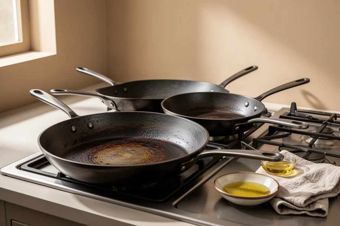 Three carbon steel pans with long handles on a stovetop being seasoned
