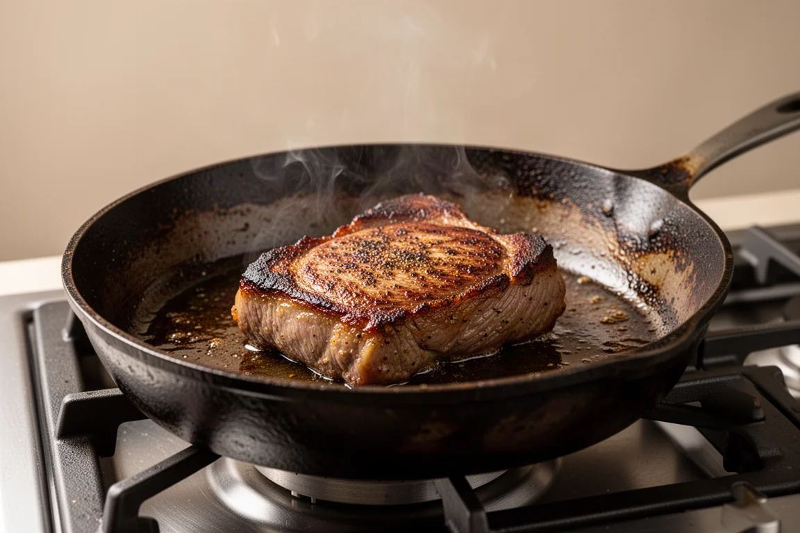 Heavy skillet searing a steak with visible crust on a dark cooking surface