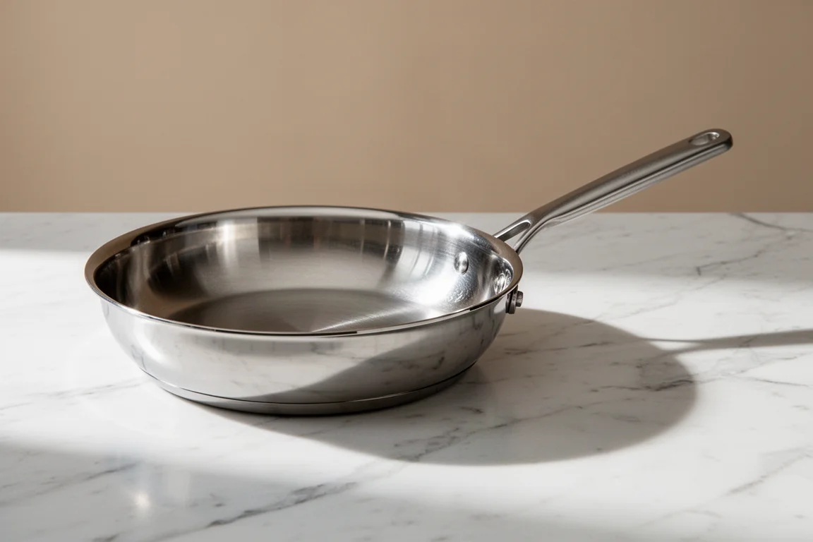 Polished five-ply stainless steel pan with long handle on a marble counter