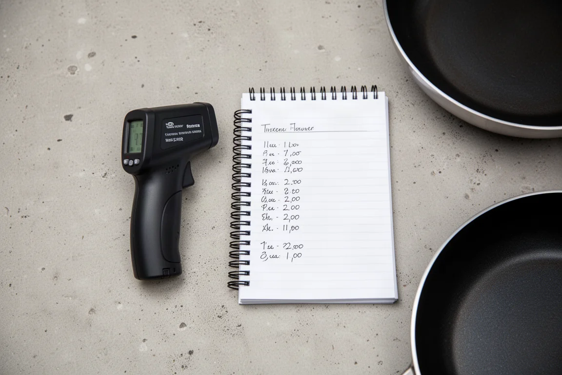 Side-by-side comparison chart setup with pans and testing thermometer