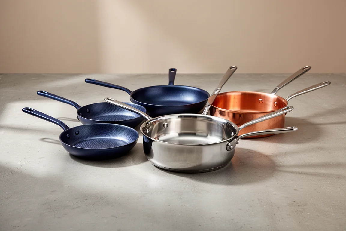 Seven pans in carbon steel, stainless steel, and copper arranged on a concrete surface