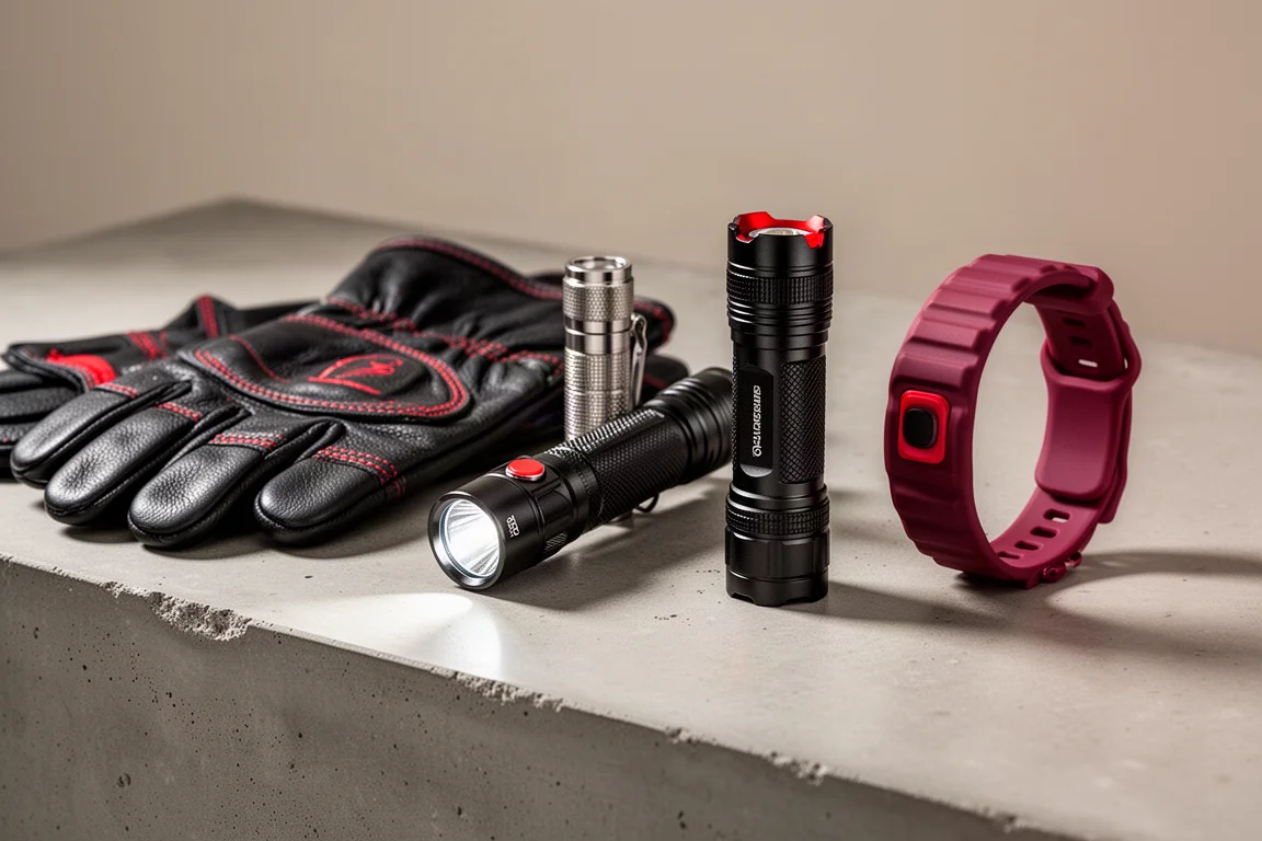 Gloves, compact flashlight, chunky torch, and red rubber watch band on concrete