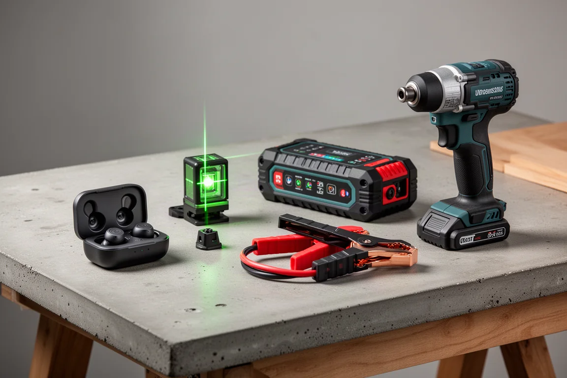 Earbuds, laser level, jump starter, and impact driver arranged on a workbench