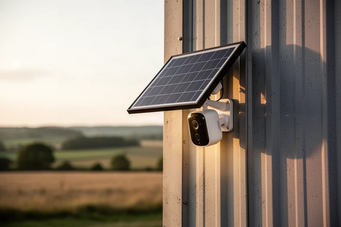 黃昏時分安裝在建築物外牆的太陽能保安攝影機