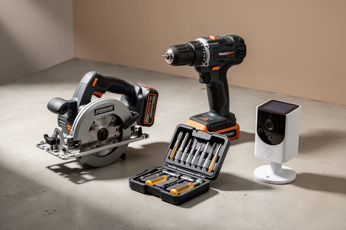 Workshop and smart home products arranged on a matte concrete surface