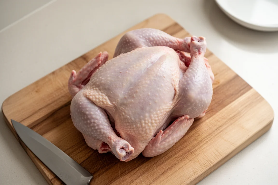 Rohes ganzes Huhn auf einem Schneidebrett neben einem scharfen Messer