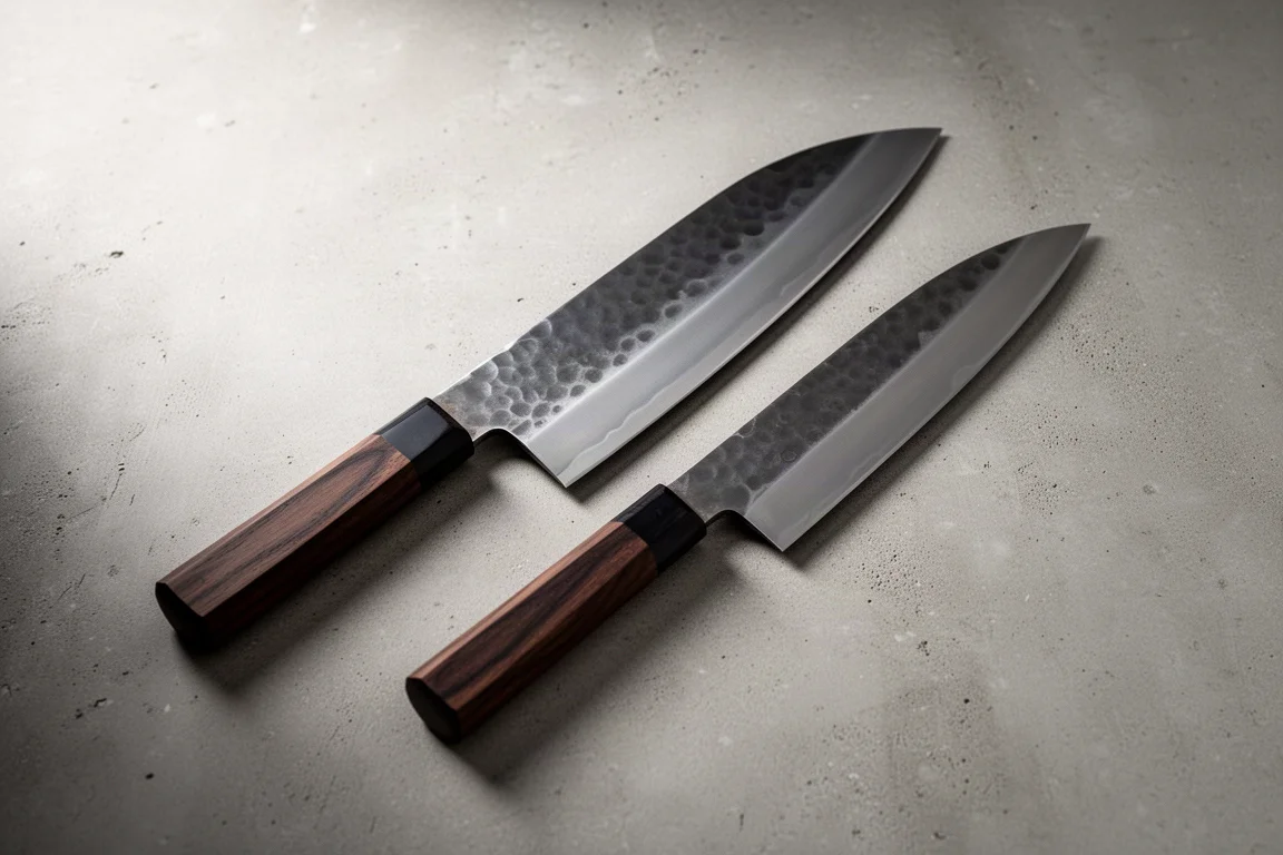 Zwei japanische Deba-Messer unterschiedlicher Größe auf einer Betonoberfläche