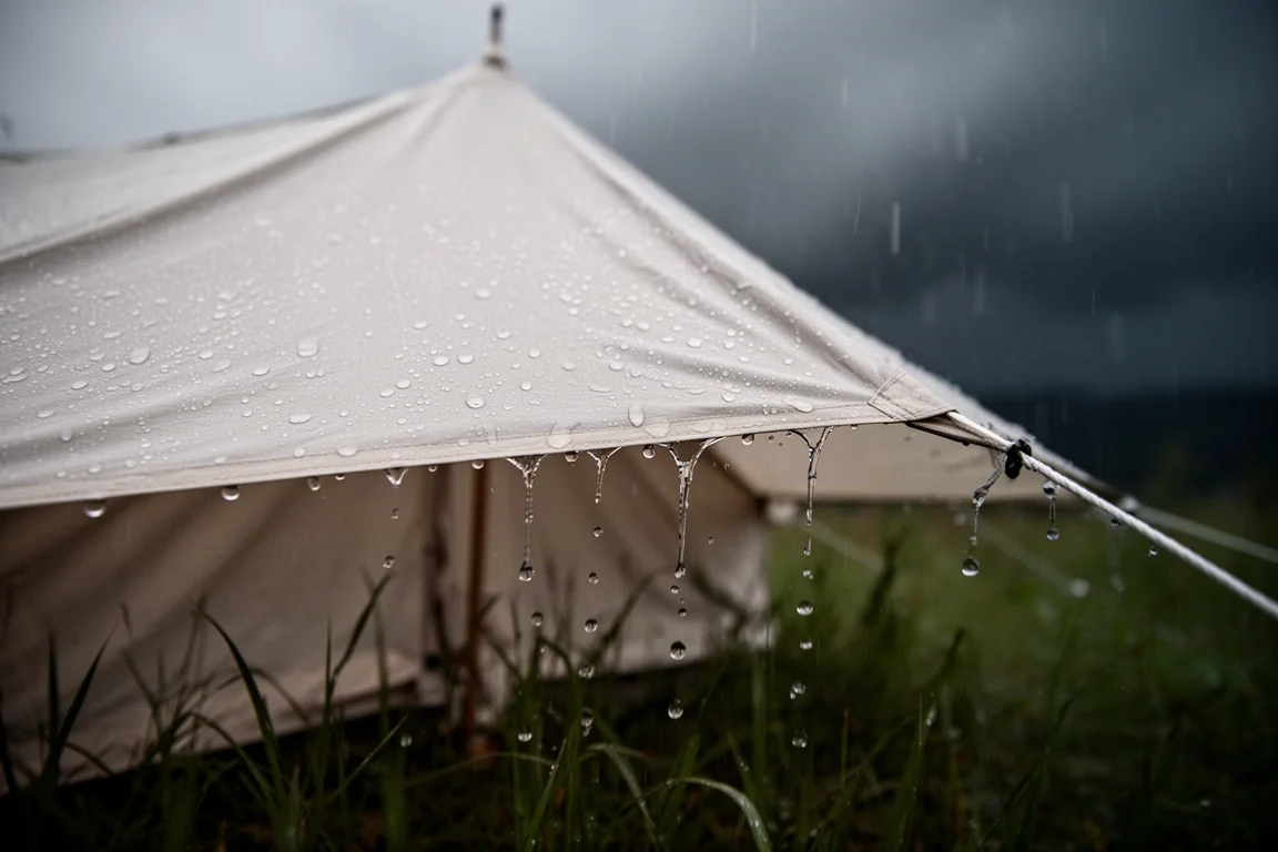 雨水在白色露營帳篷繃緊的外帳上形成水珠並流下