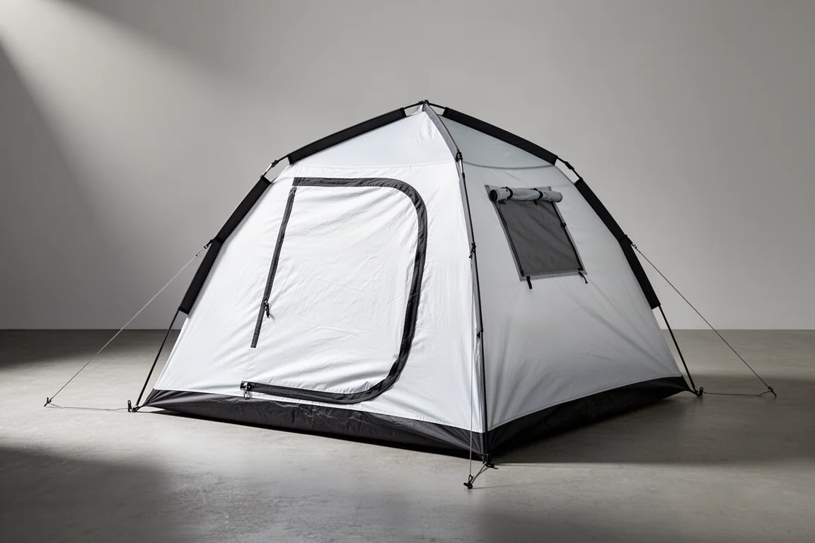 White and black pop-up camping tent pitched on a concrete surface in soft studio light
